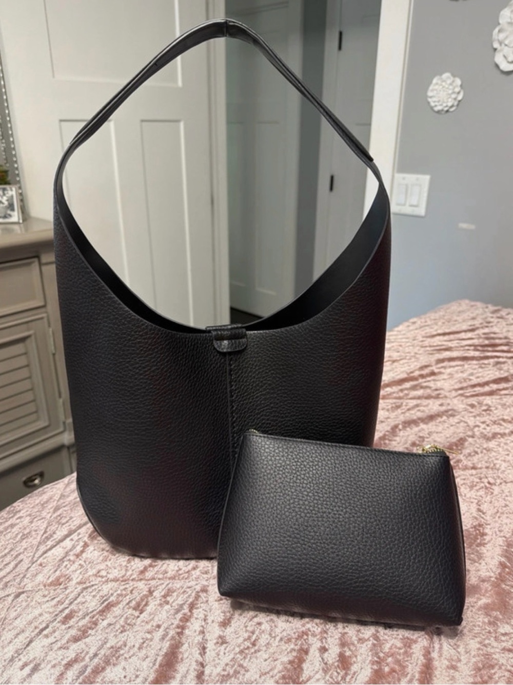 Black Leather Hobo Bag with Matching Pouch - Women